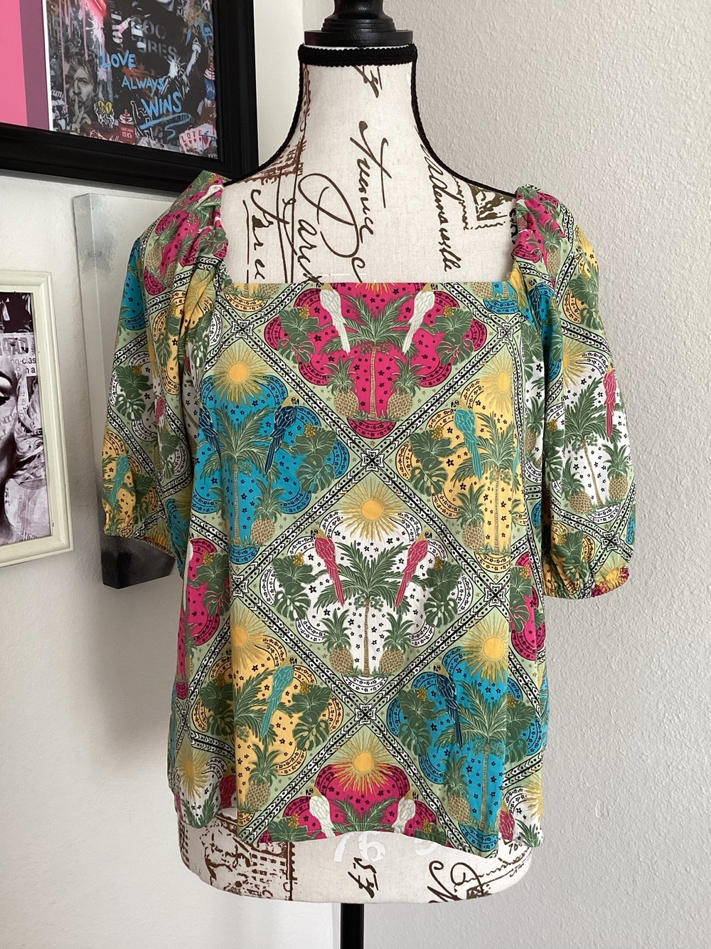 LOFT Multicolor Square-Neck Puff Sleeve Blouse Small